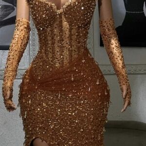 New Glamorous Sequined Orange/Brown Dress with Gloves